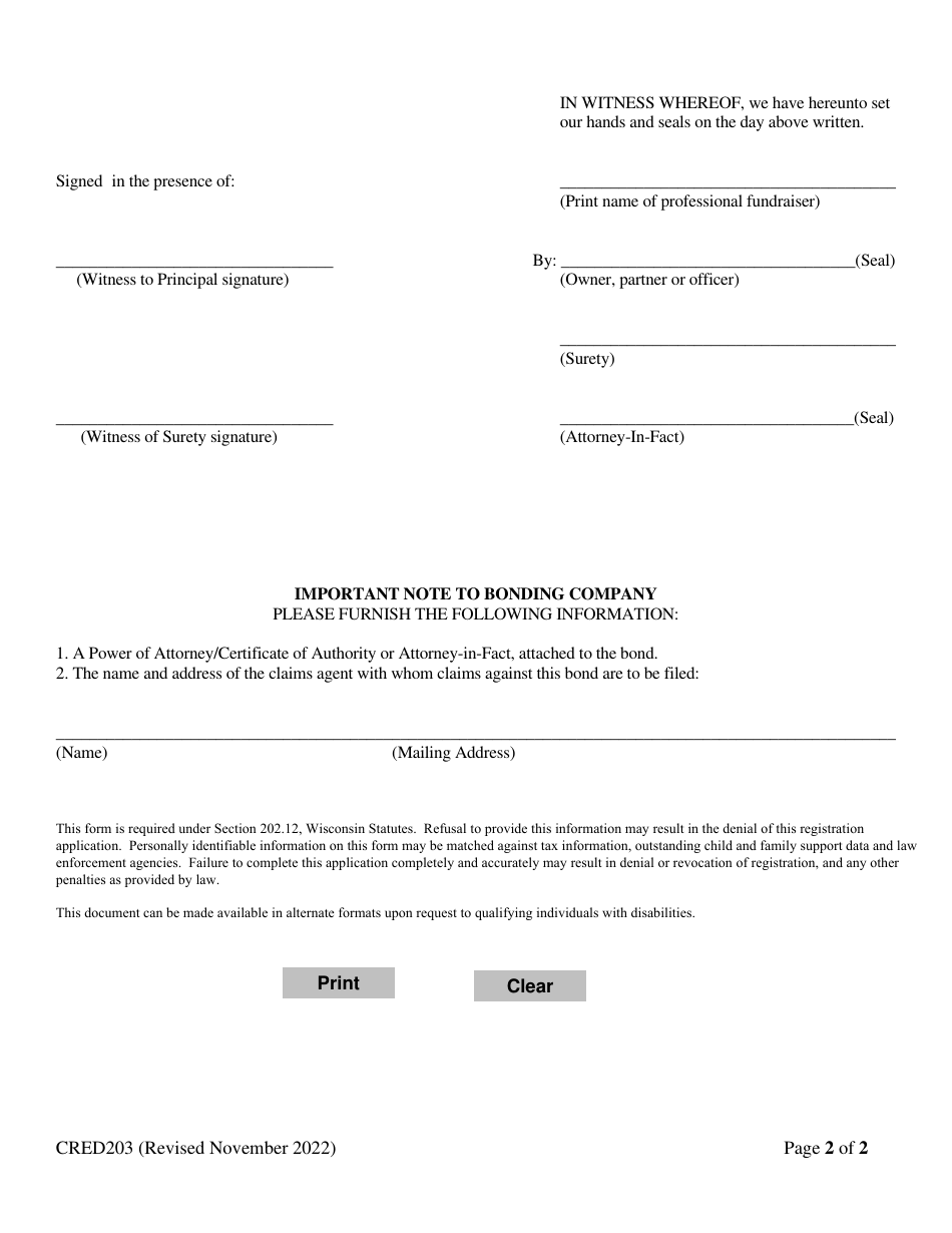 Form CRED203 Professional Fund-Raiser Bond (Non-custodial) - Wisconsin, Page 2