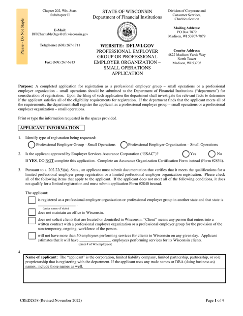 Form CRED2858 Professional Employer Group or Professional Employer Organization - Small Operations Application - Wisconsin