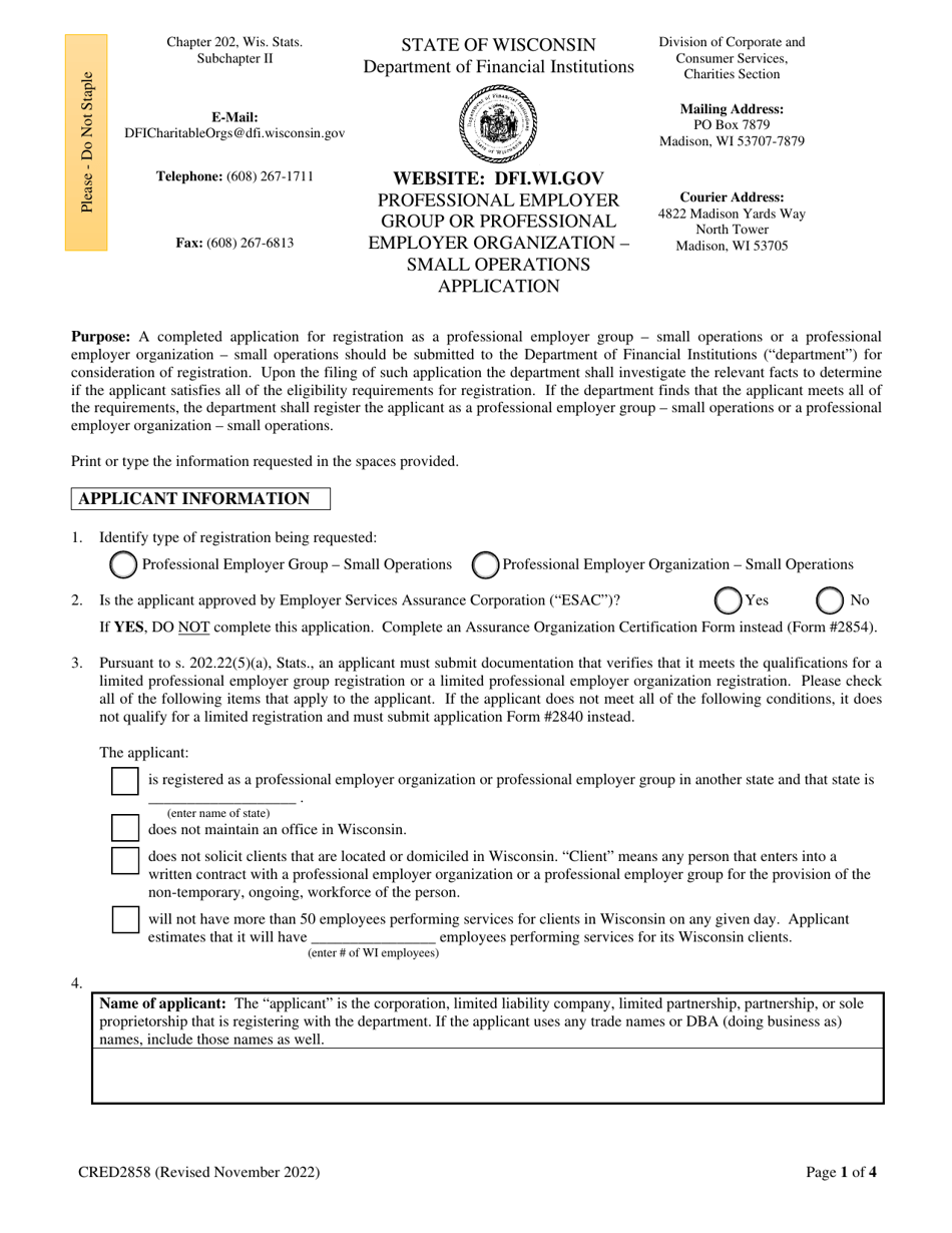 Form CRED2858 Professional Employer Group or Professional Employer Organization - Small Operations Application - Wisconsin, Page 1
