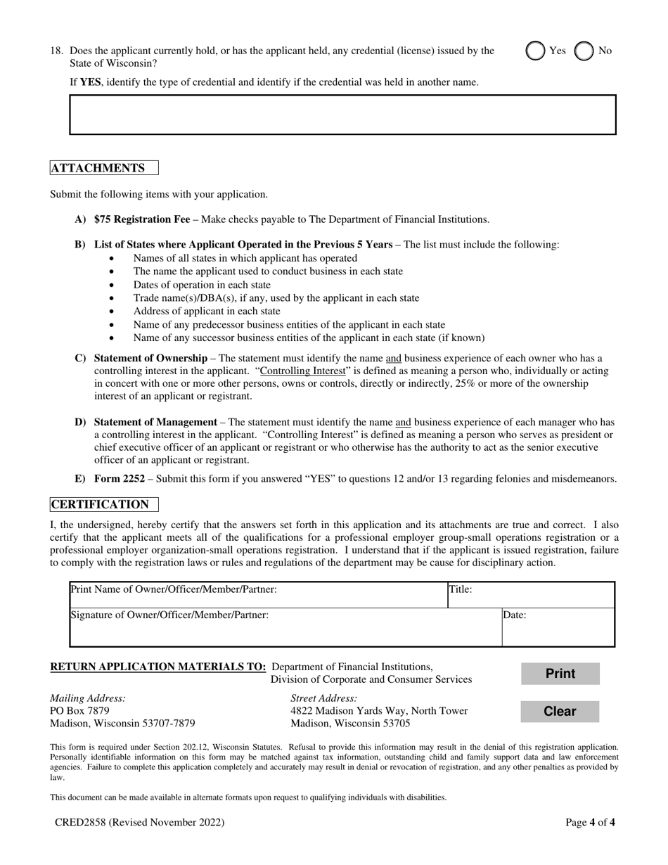 Form CRED2858 Professional Employer Group or Professional Employer Organization - Small Operations Application - Wisconsin, Page 4