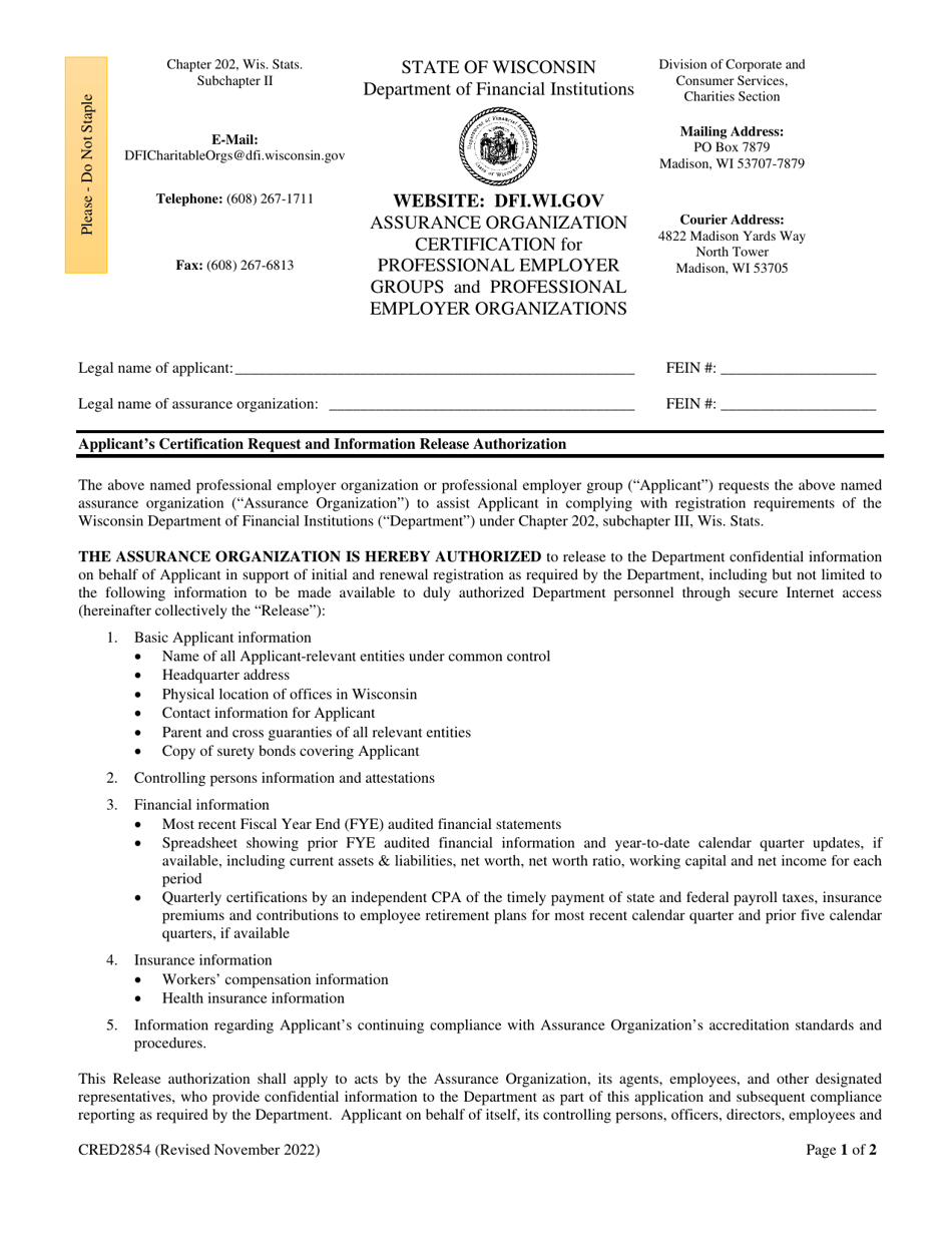 Form CRED2854 Assurance Organization Certification for Professional Employer Groups and Professional Employer Organizations - Wisconsin, Page 1