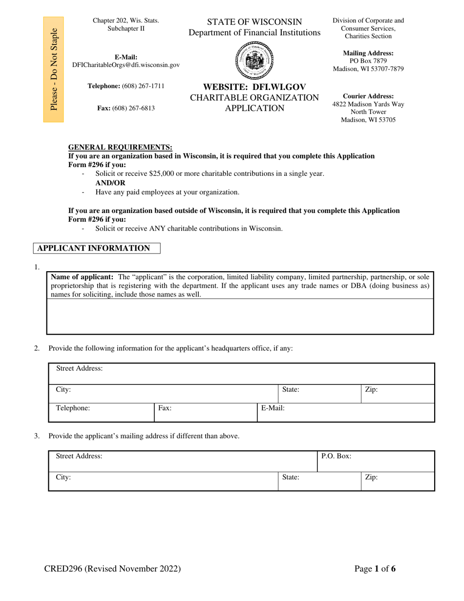 Form CRED296 Charitable Organization Application - Wisconsin, Page 1