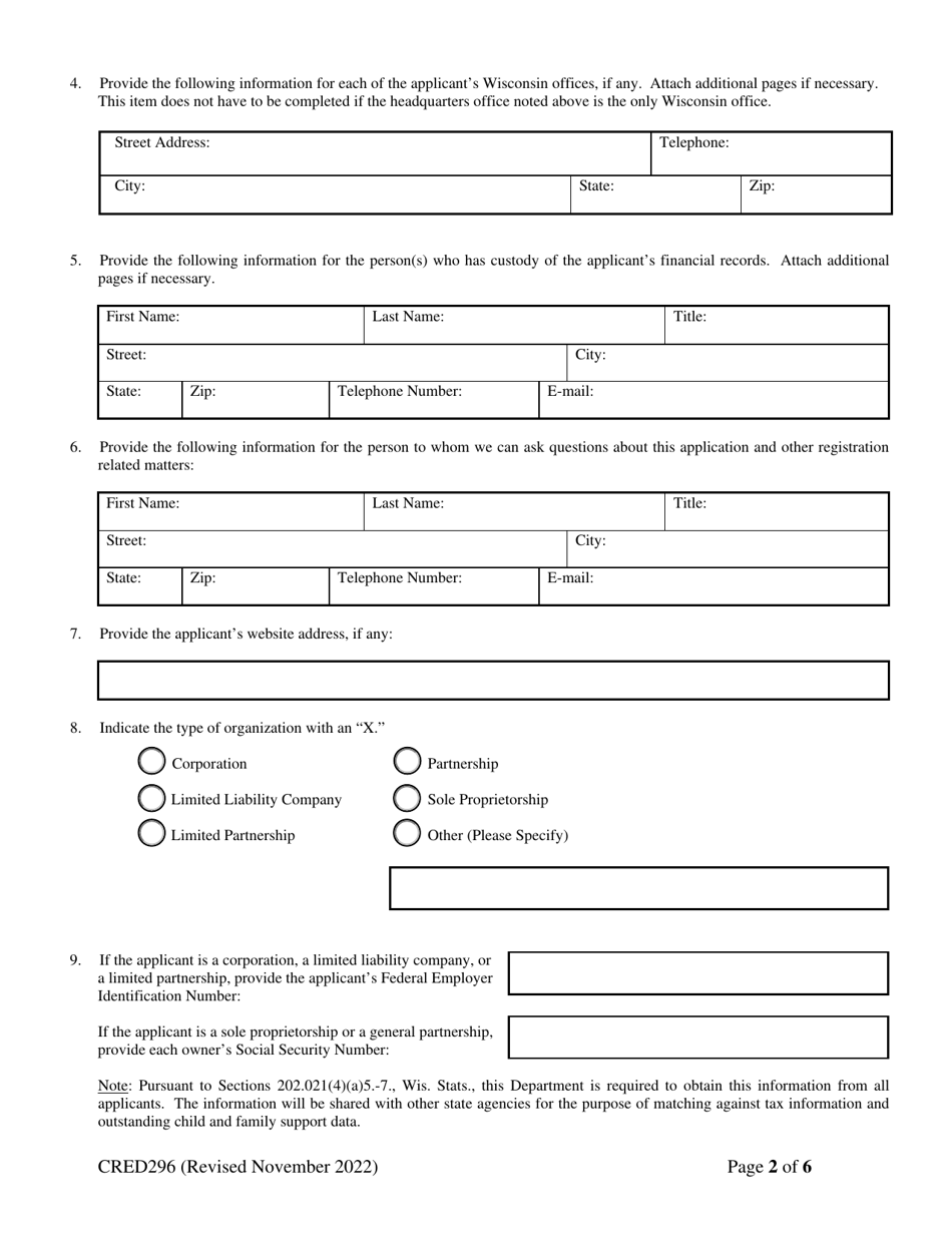 Form CRED296 Charitable Organization Application - Wisconsin, Page 2