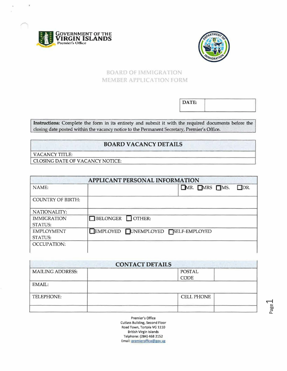 Board of Immigration Member Application Form - British Virgin Islands, Page 1