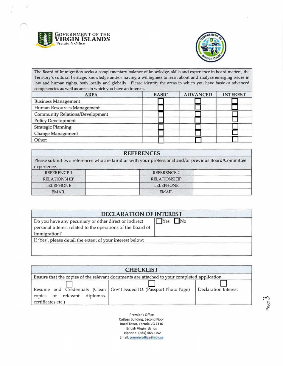 Board of Immigration Member Application Form - British Virgin Islands, Page 3