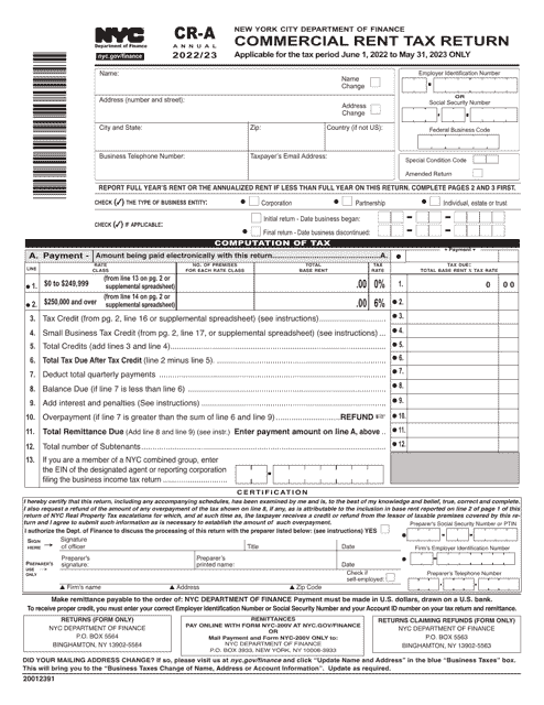 Form CR-A Commercial Rent Tax Return - New York City, 2023