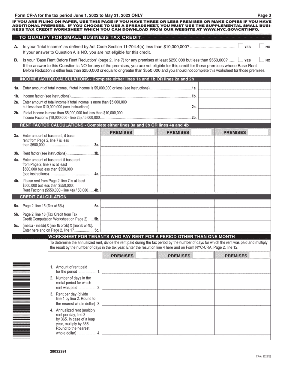 Form CRA Download Printable PDF or Fill Online Commercial Rent Tax Return 2023, New York City