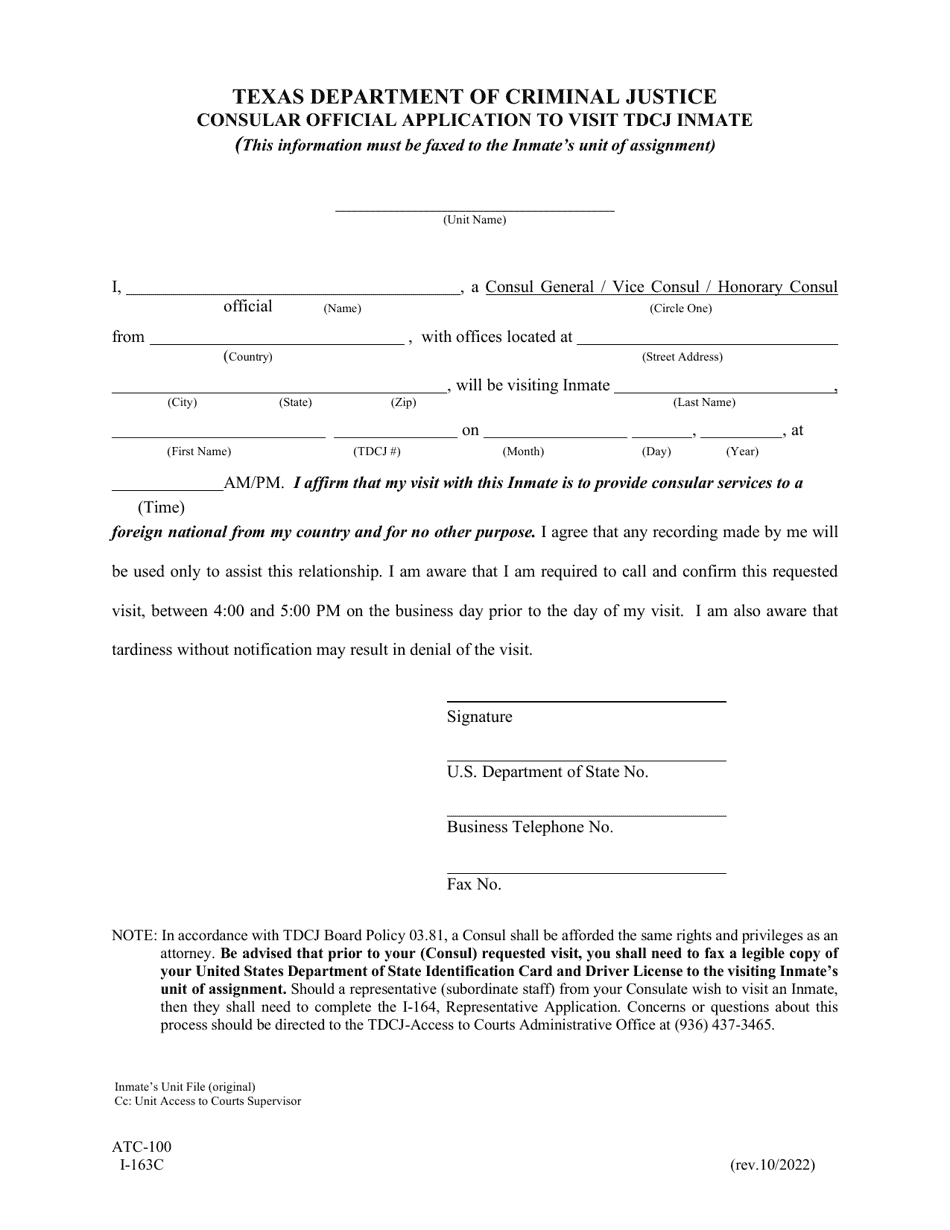 Form I-163C Consular Official Application to Visit Tdcj Inmate - Texas, Page 1