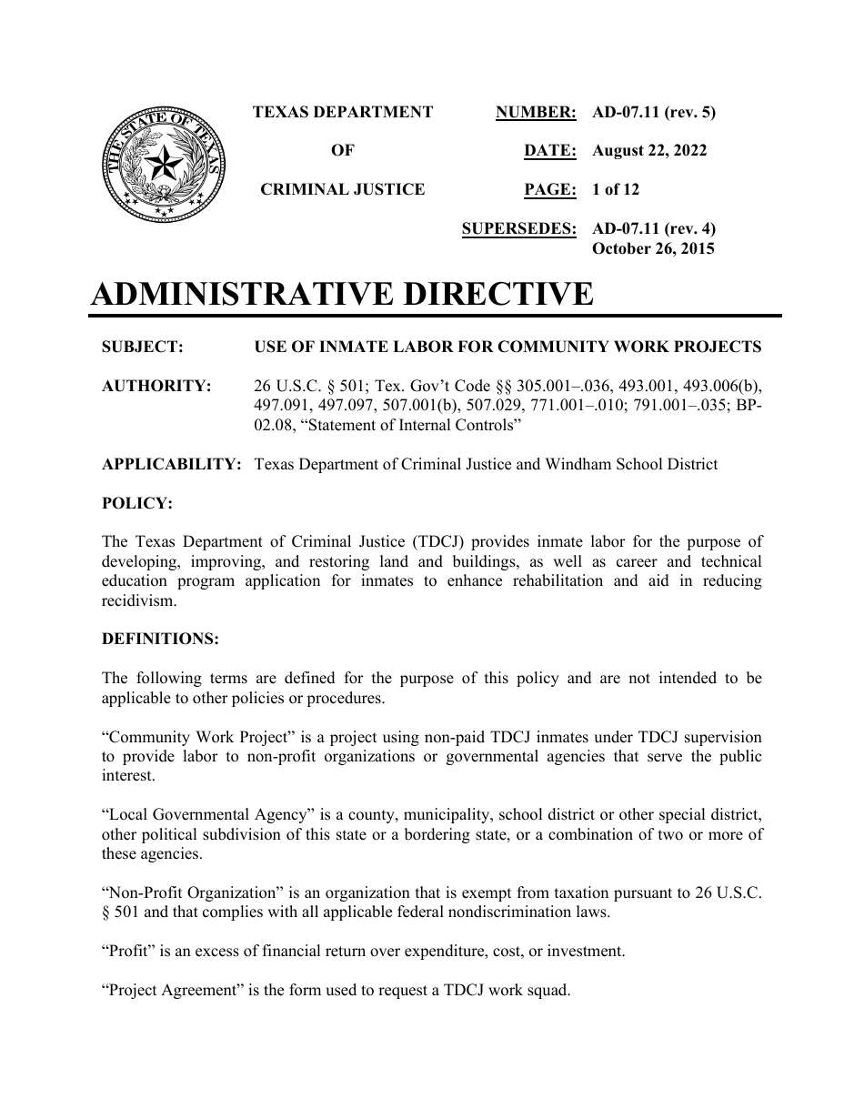 Use of Offender Labor for Community Work Projects - Texas, Page 1