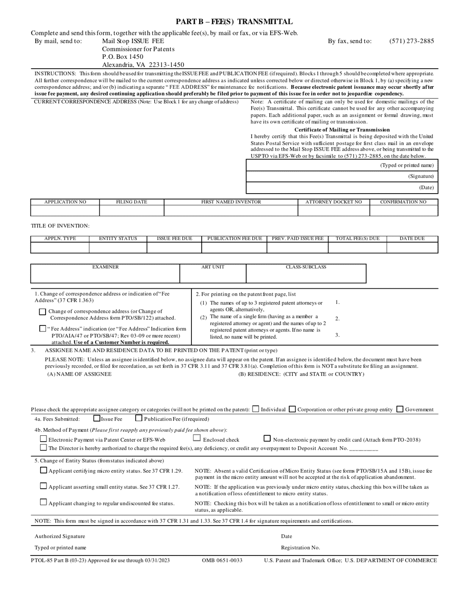 Form PTOL-85 Part B Fee(S) Transmittal, Page 1