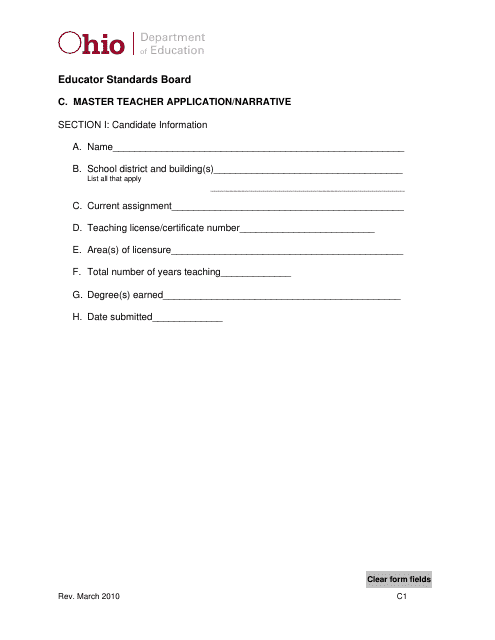 Form C Master Teacher Application/Narrative - Ohio