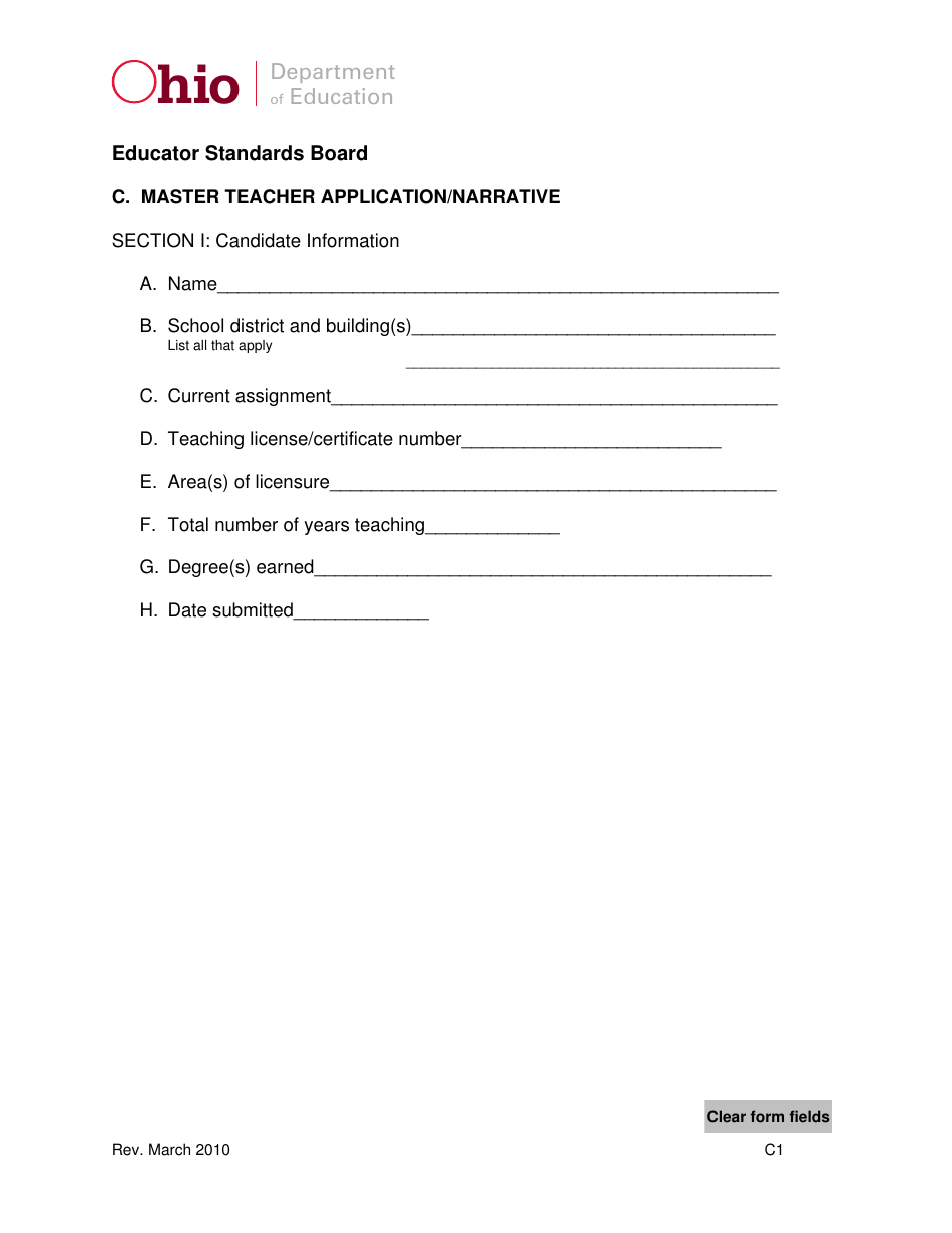 Form C Master Teacher Application / Narrative - Ohio, Page 1