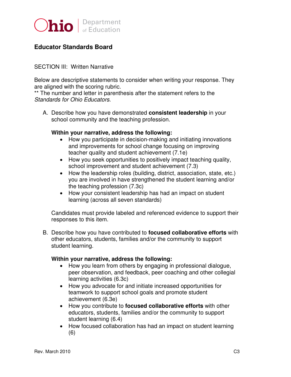 Form C Master Teacher Application / Narrative - Ohio, Page 3