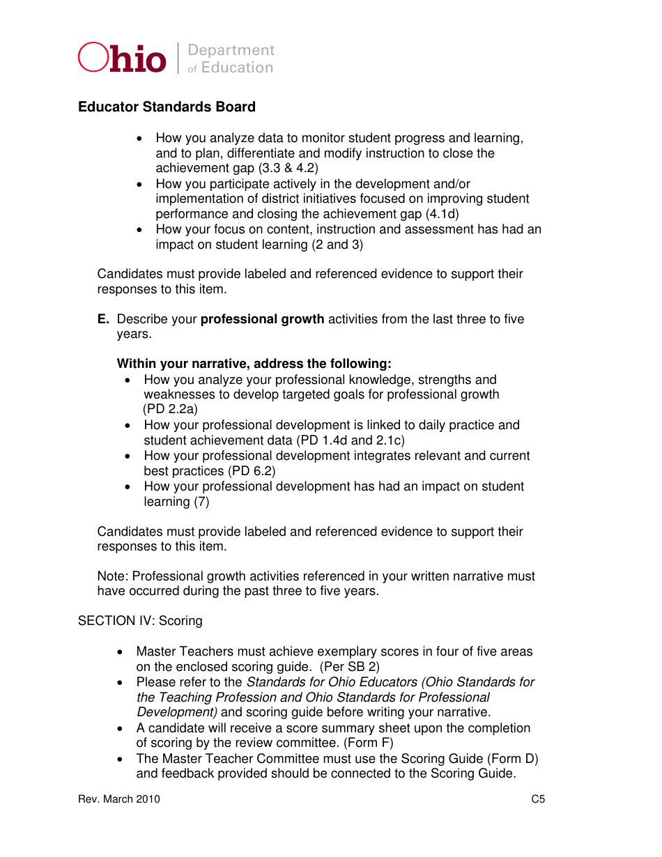 Form C Master Teacher Application / Narrative - Ohio, Page 5
