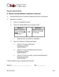 Document preview: Form W Master Teacher Renewal Candidate's Checklist - Ohio