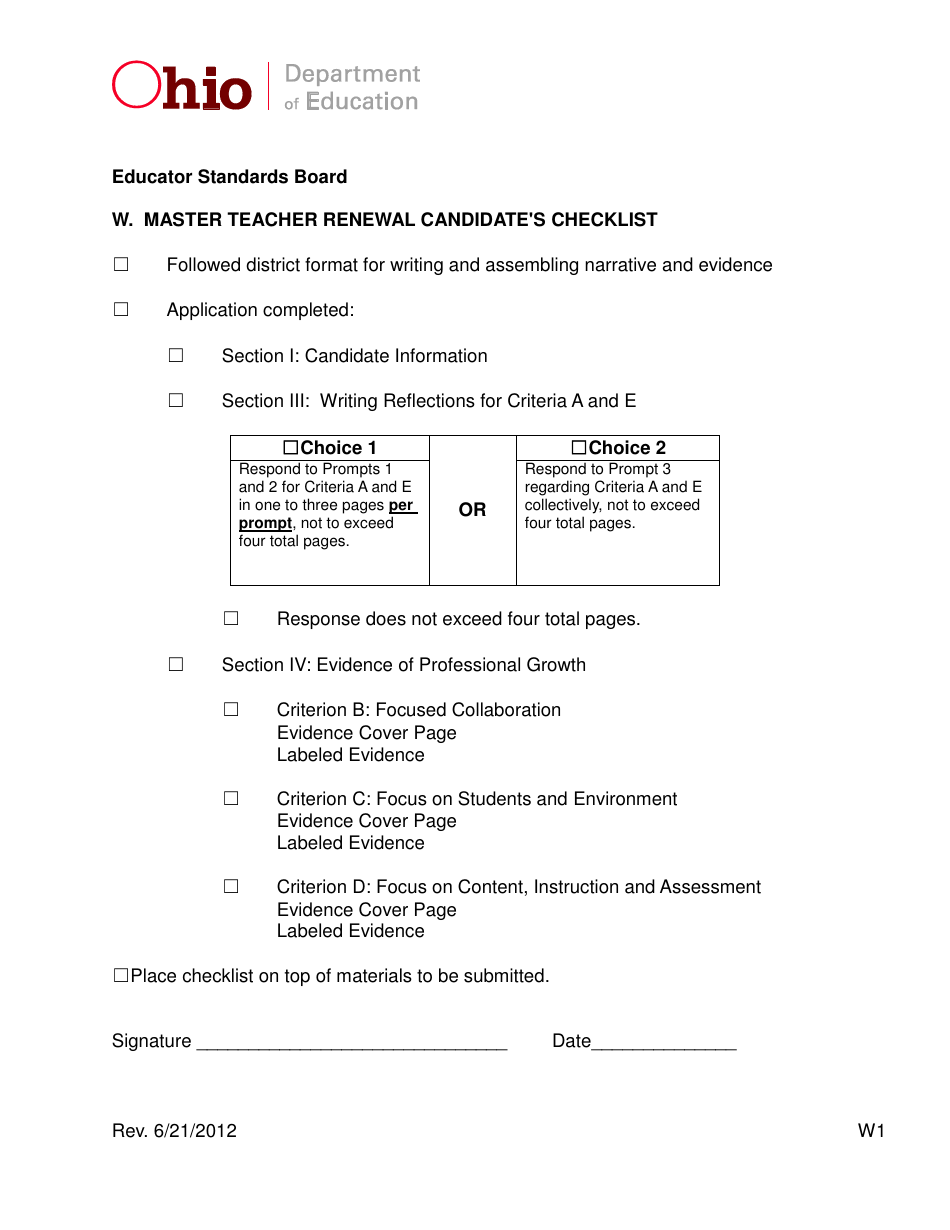 Form W Fill Out, Sign Online and Download Printable PDF, Ohio