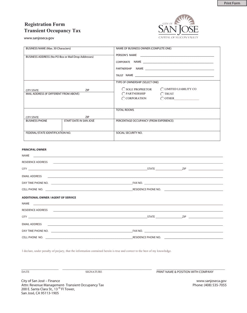 Transient Occupancy Tax Registration Form - City of San Jose, California, Page 1
