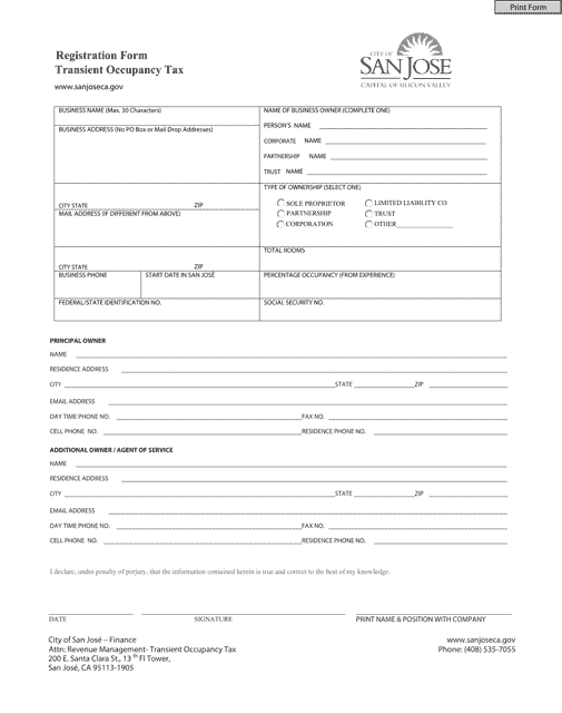Transient Occupancy Tax Registration Form - City of San Jose, California Download Pdf
