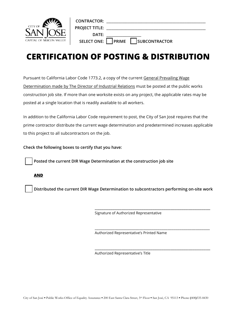 City of San Jose, California Certification of Posting & Distribution