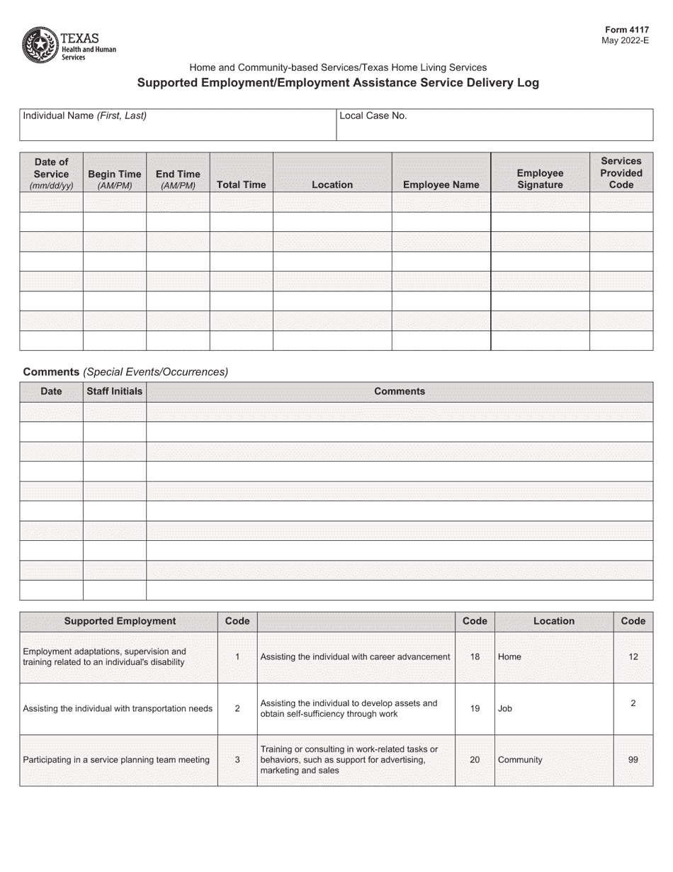 Form 4117 Supported Employment / Employment Assistance Service Delivery Log - Texas, Page 1