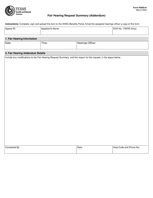 Form H4800-A Fair Hearing Request Summary (Addendum) - Texas