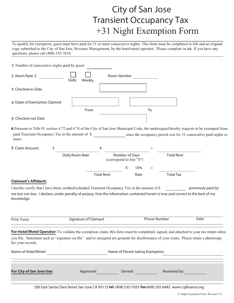 Transient Occupancy Tax +31 Night Exemption Form - City of San Jose, California, Page 1