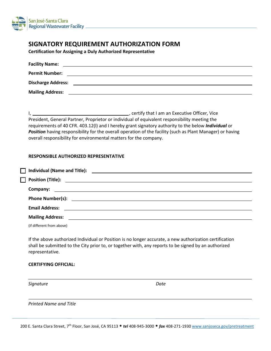 Signatory Requirement Authorization Form - Certification for Assigning a Duly Authorized Representative - City of San Jose, California, Page 1