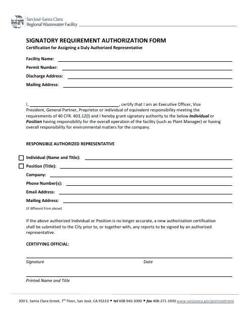 Signatory Requirement Authorization Form - Certification for Assigning a Duly Authorized Representative - City of San Jose, California Download Pdf