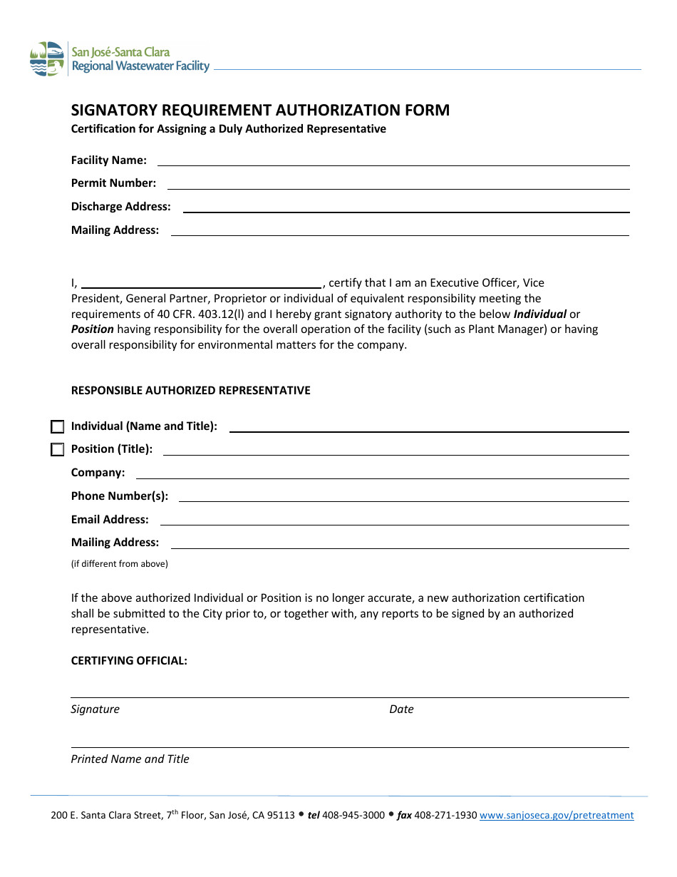 City of San Jose, California Signatory Requirement Authorization Form
