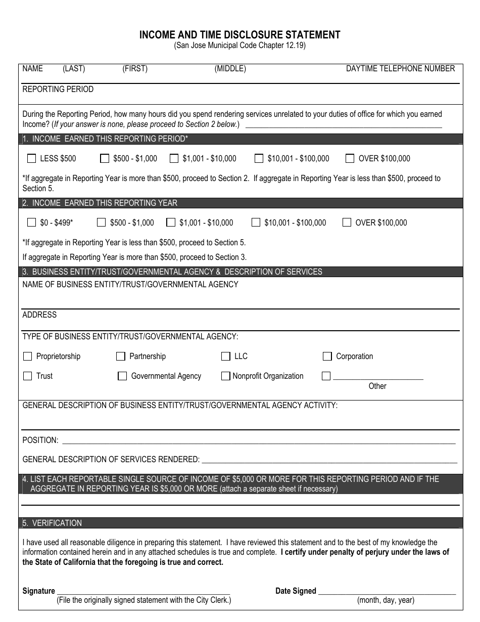 Income and Time Disclosure Statement - City of San Jose, California, Page 1