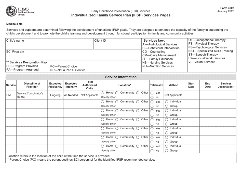 Form 4207 Individualized Family Service Plan (Ifsp) Services Pages - Texas, Page 1