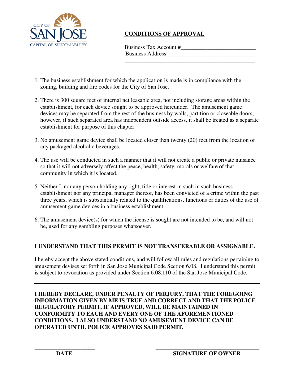 Amusement Owner Permit Form - City of San Jose, California, Page 1