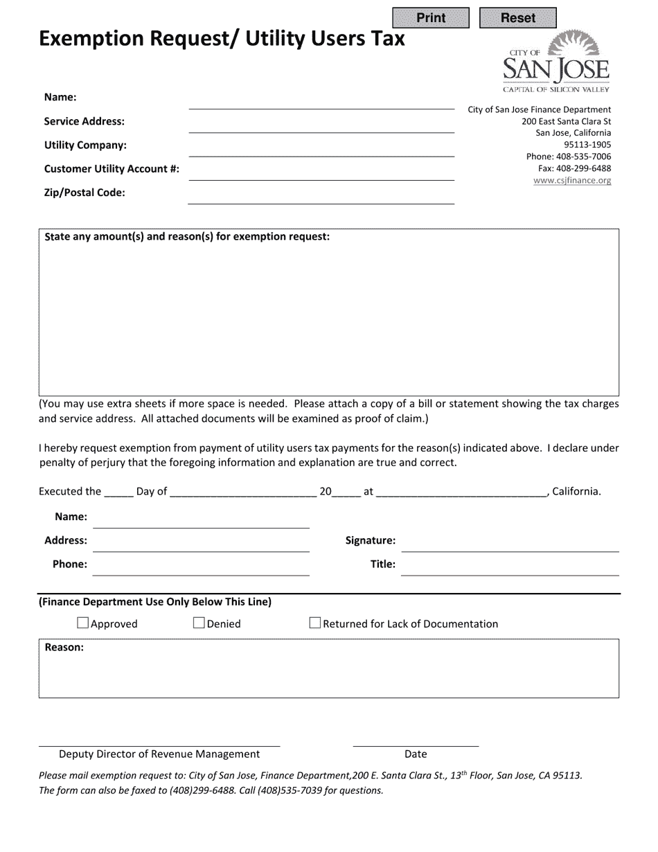 Exemption Request / Utility Users Tax - City of San Jose, California, Page 1