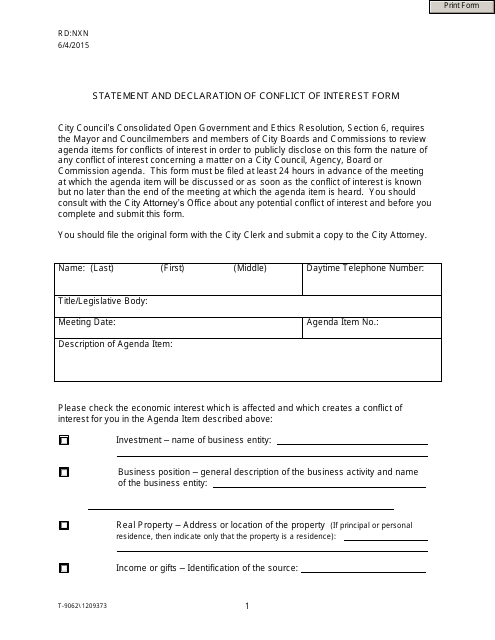 Form T-9062 Statement and Declaration of Conflict of Interest Form - City of San Jose, California