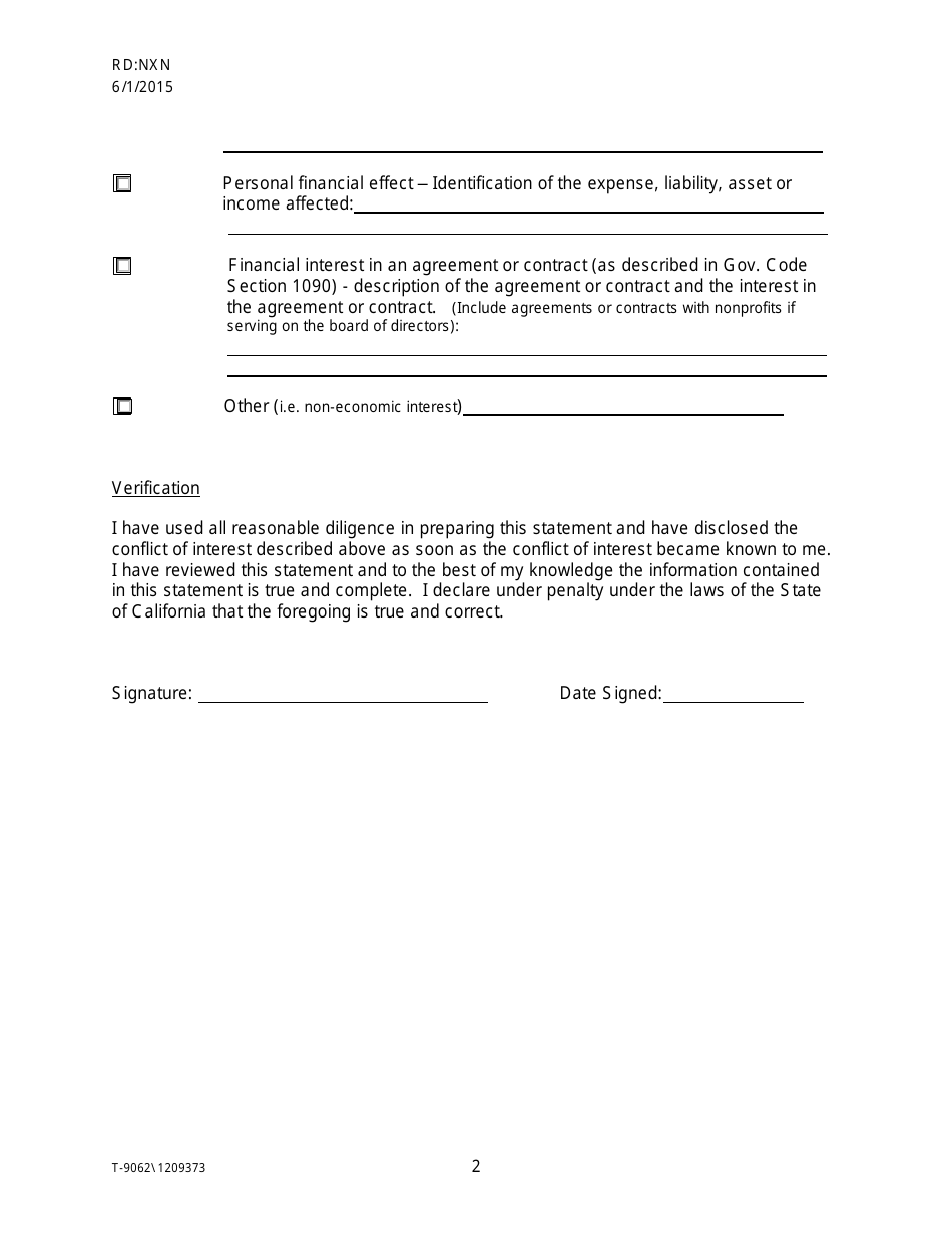 Form T-9062 Statement and Declaration of Conflict of Interest Form - City of San Jose, California, Page 2