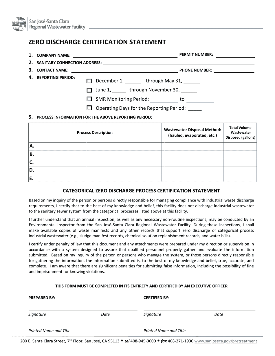 City of San Jose, California Zero Discharge Certification Statement