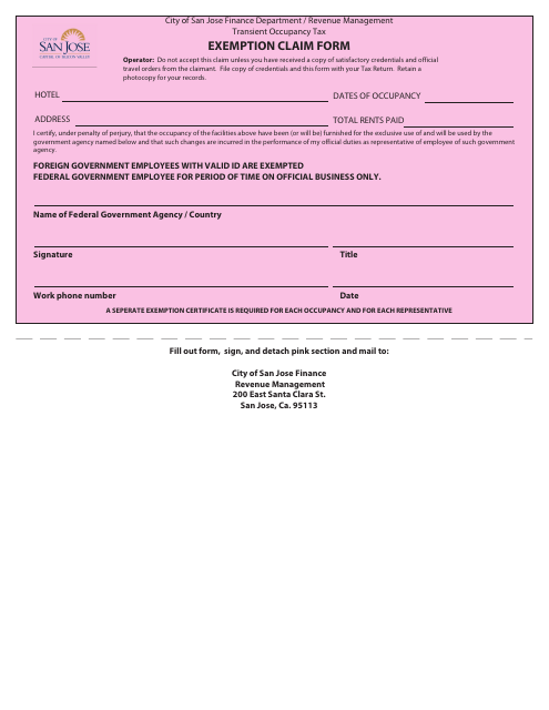 Transient Occupancy Tax Exemption Claim Form - City of San Jose, California Download Pdf