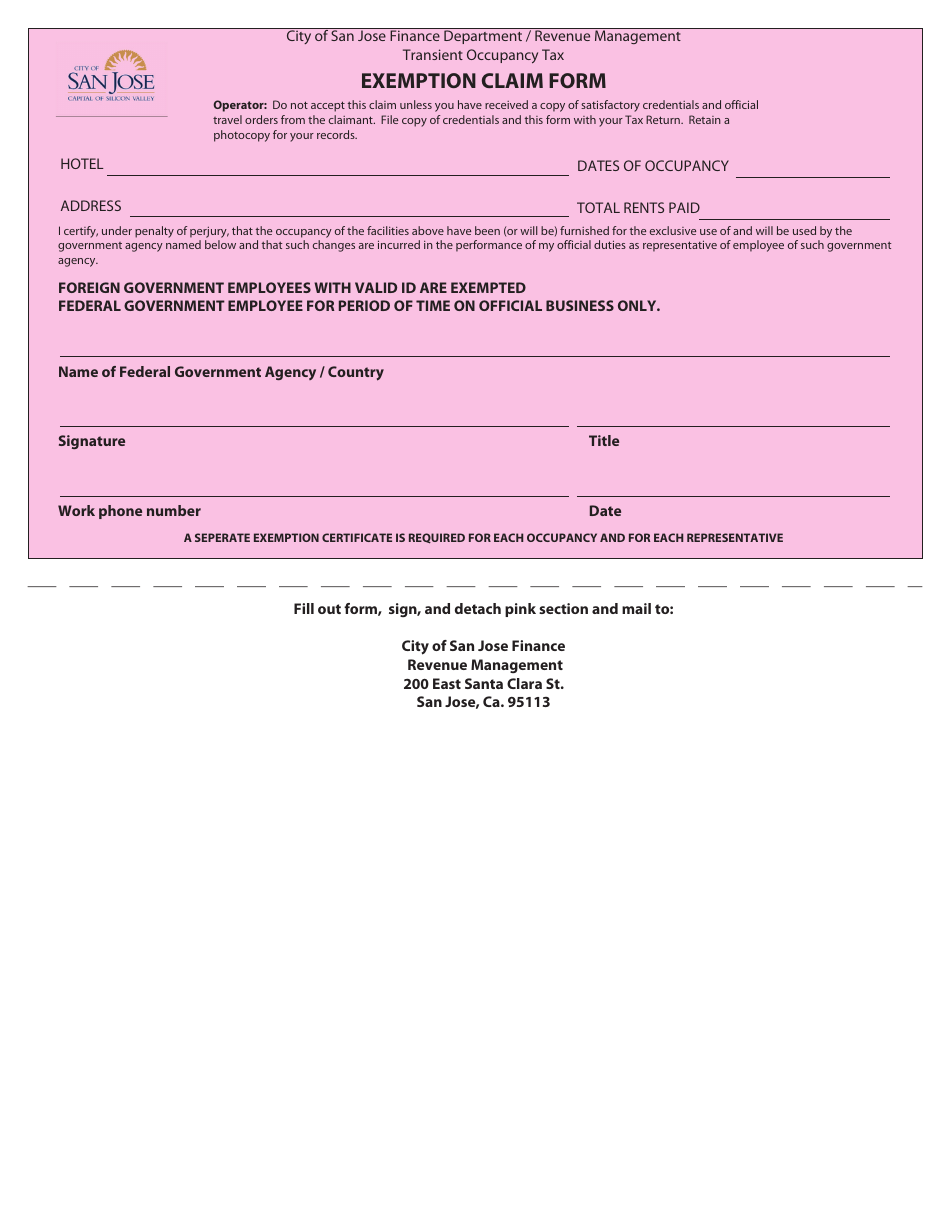 City Of San Jose California Transient Occupancy Tax Exemption Claim Form Fill Out Sign 2105