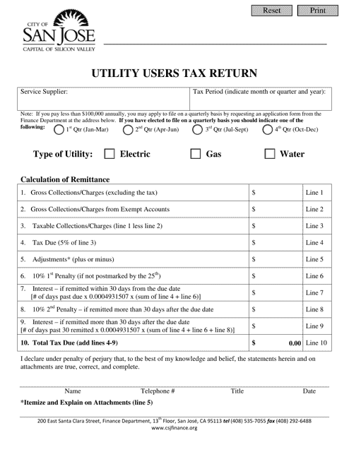 Utility Users Tax Return - City of San Jose, California
