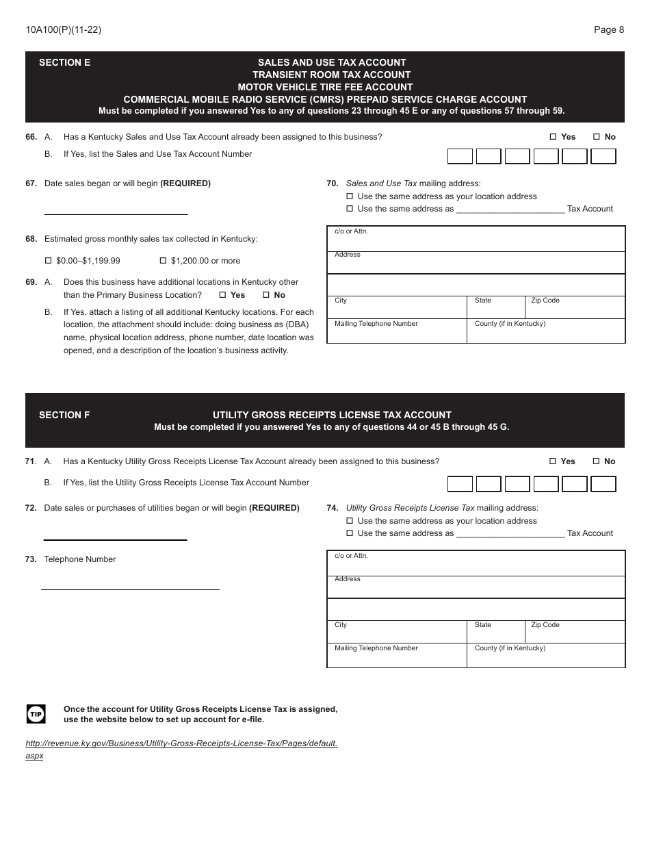 Form 10A100 Kentucky Tax Registration Application - Kentucky, Page 10