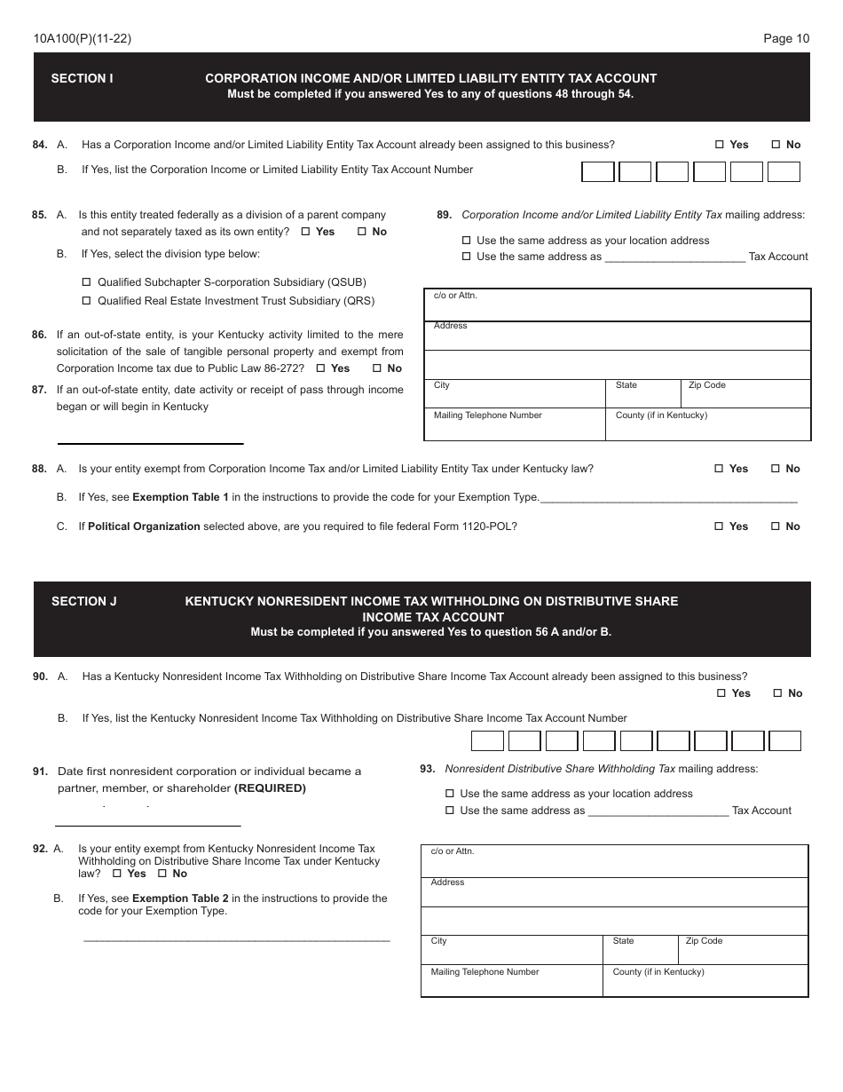 Form 10A100 Kentucky Tax Registration Application - Kentucky, Page 12