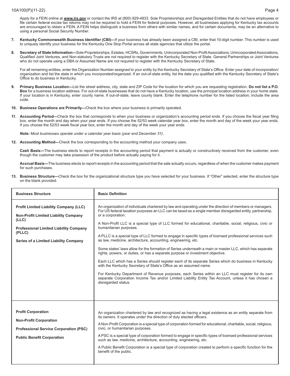 Form 10A100 Kentucky Tax Registration Application - Kentucky, Page 20