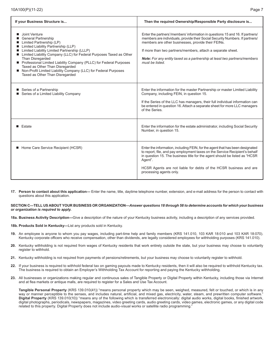 Form 10A100 Kentucky Tax Registration Application - Kentucky, Page 23
