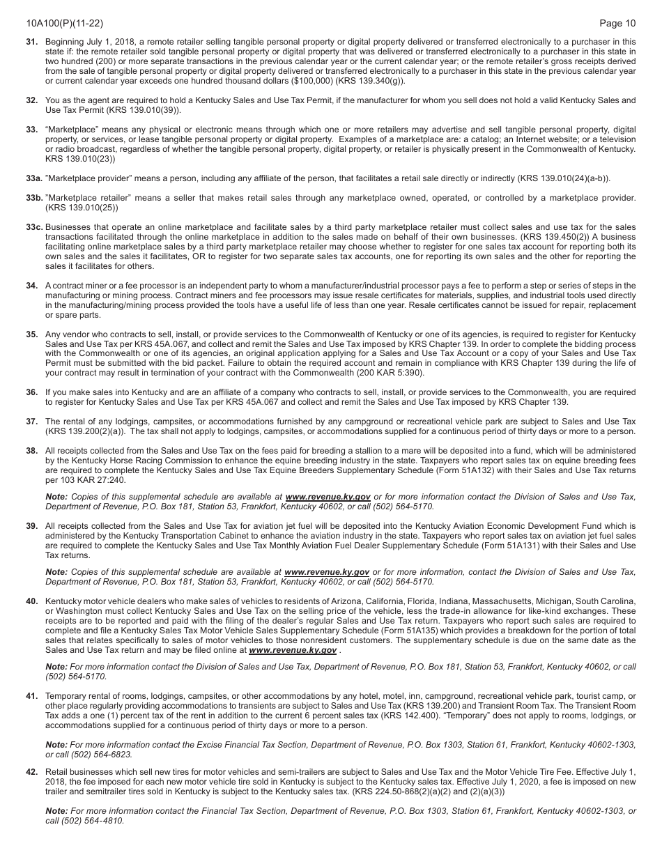 Form 10A100 Kentucky Tax Registration Application - Kentucky, Page 26
