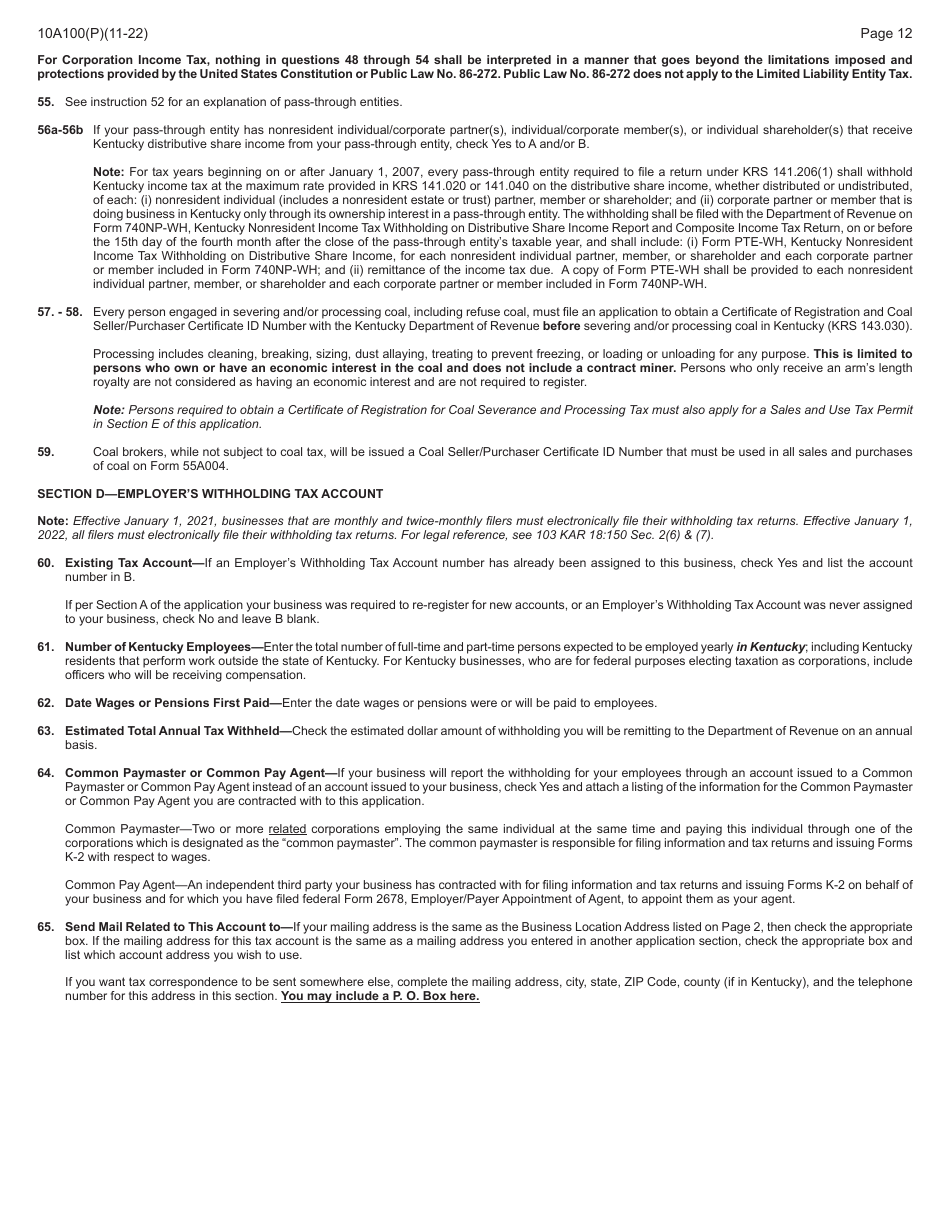 Form 10A100 Kentucky Tax Registration Application - Kentucky, Page 28