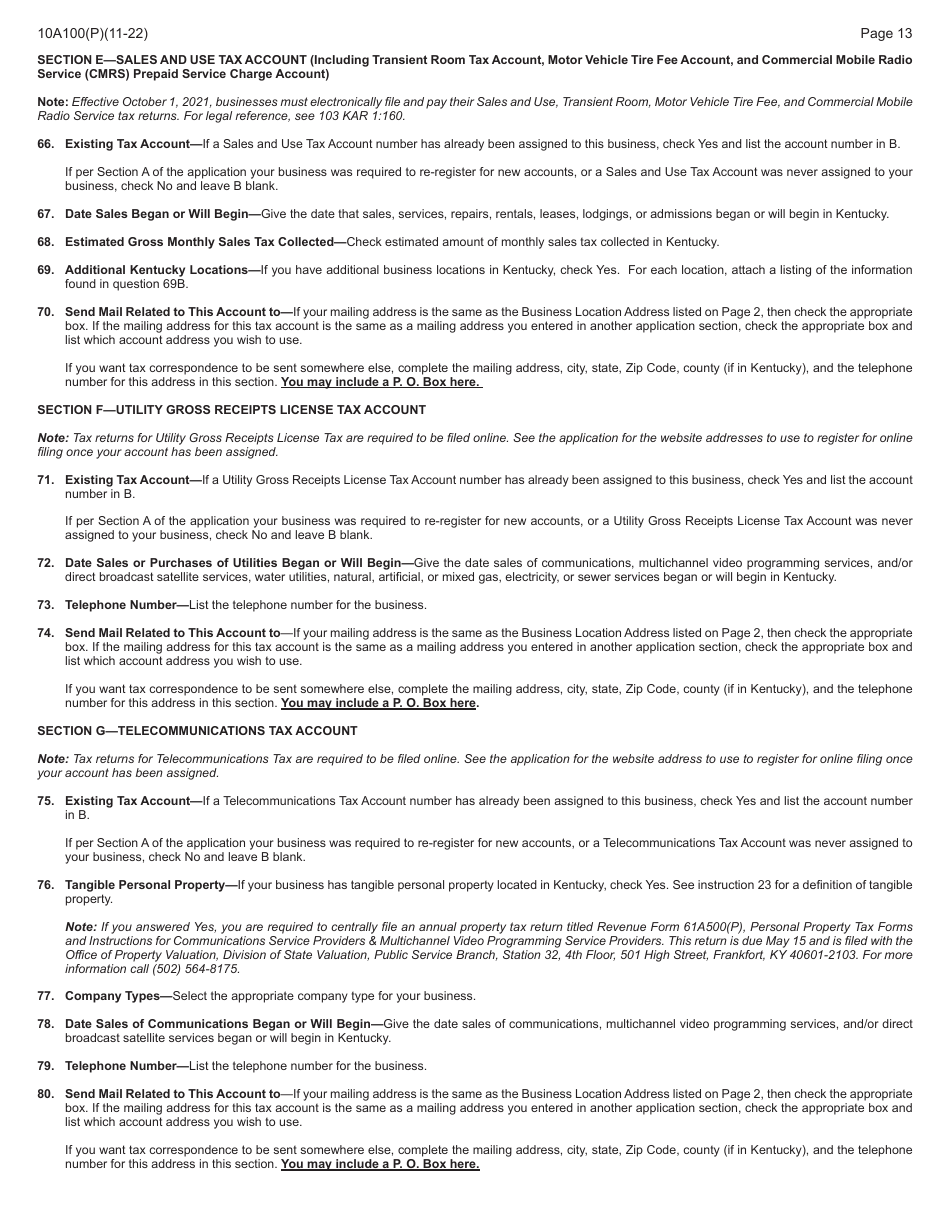Form 10A100 Kentucky Tax Registration Application - Kentucky, Page 29