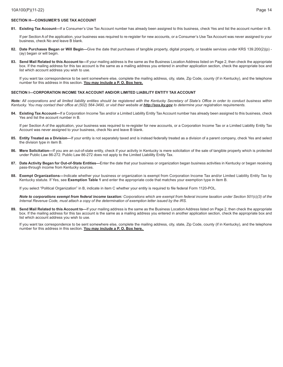 Form 10A100 Kentucky Tax Registration Application - Kentucky, Page 30