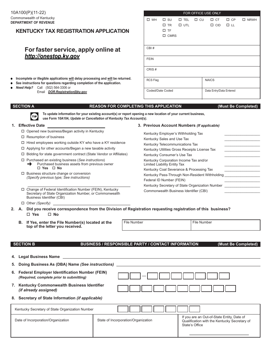 Form 10A100 Kentucky Tax Registration Application - Kentucky, Page 3