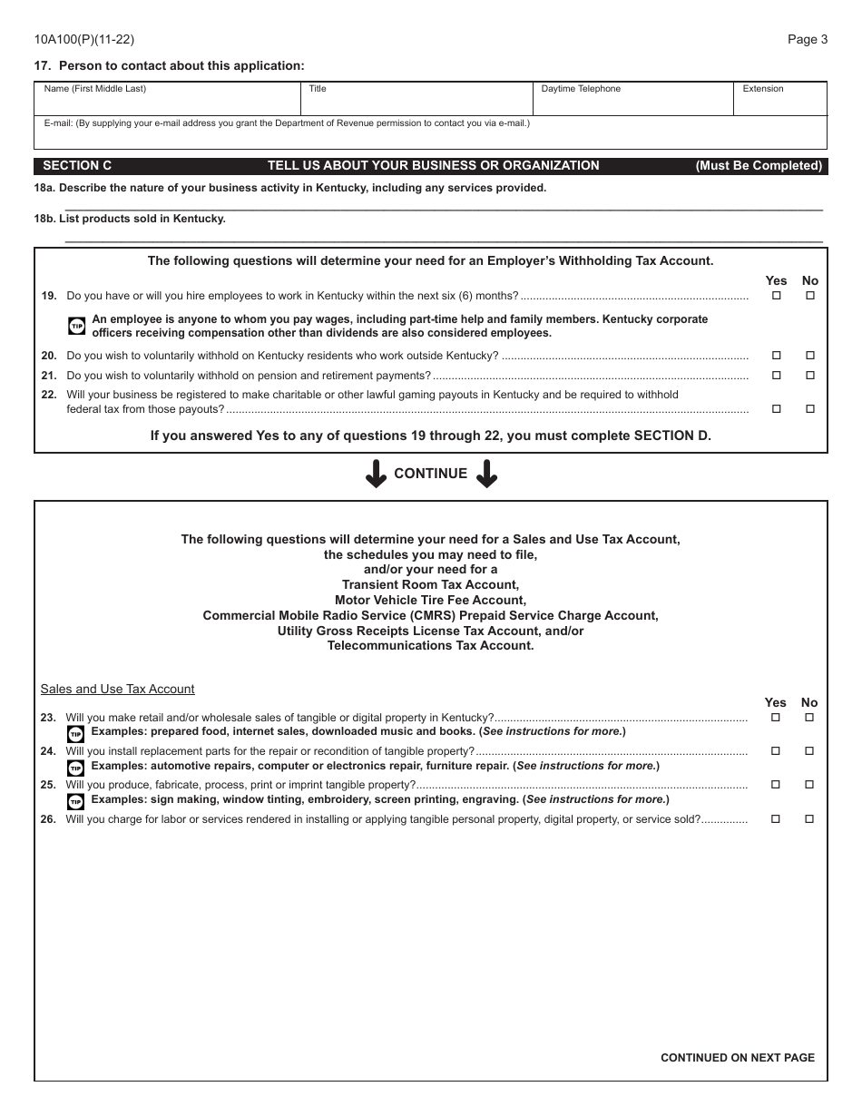 Form 10A100 Kentucky Tax Registration Application - Kentucky, Page 5