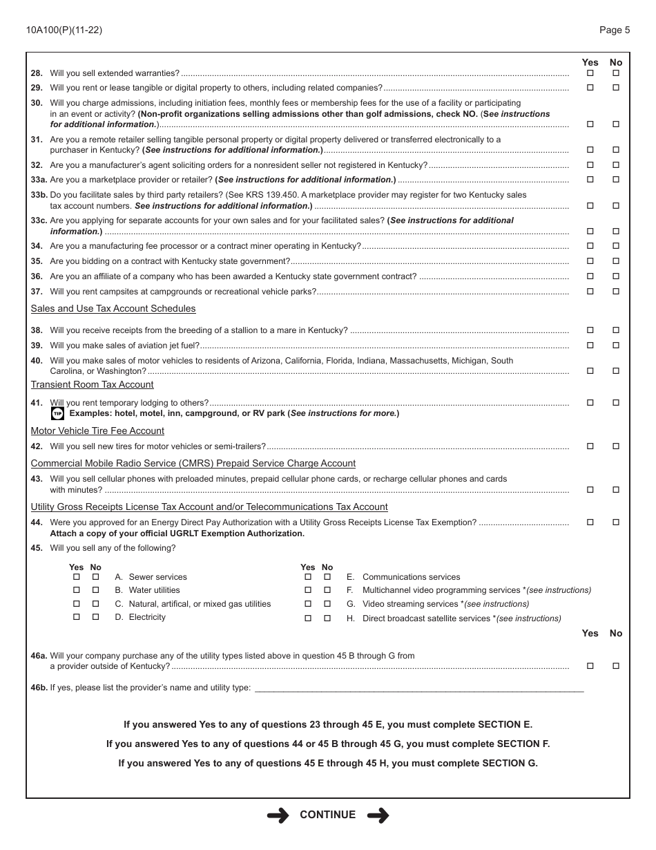 Form 10A100 Kentucky Tax Registration Application - Kentucky, Page 7